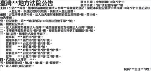辦理社團法人變更登記登報範例