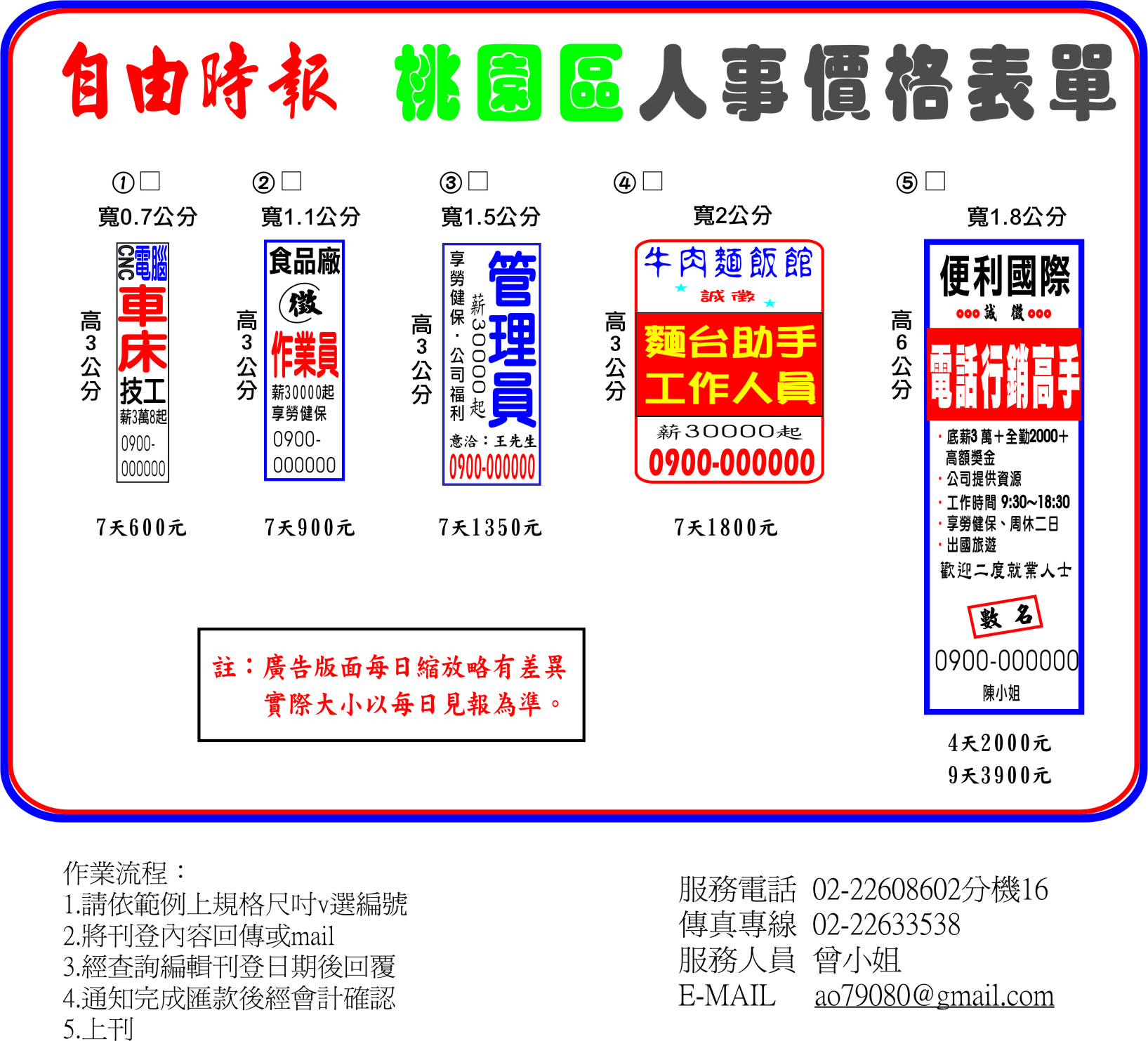 桃園自由時報報紙刊登徵才廣告費用