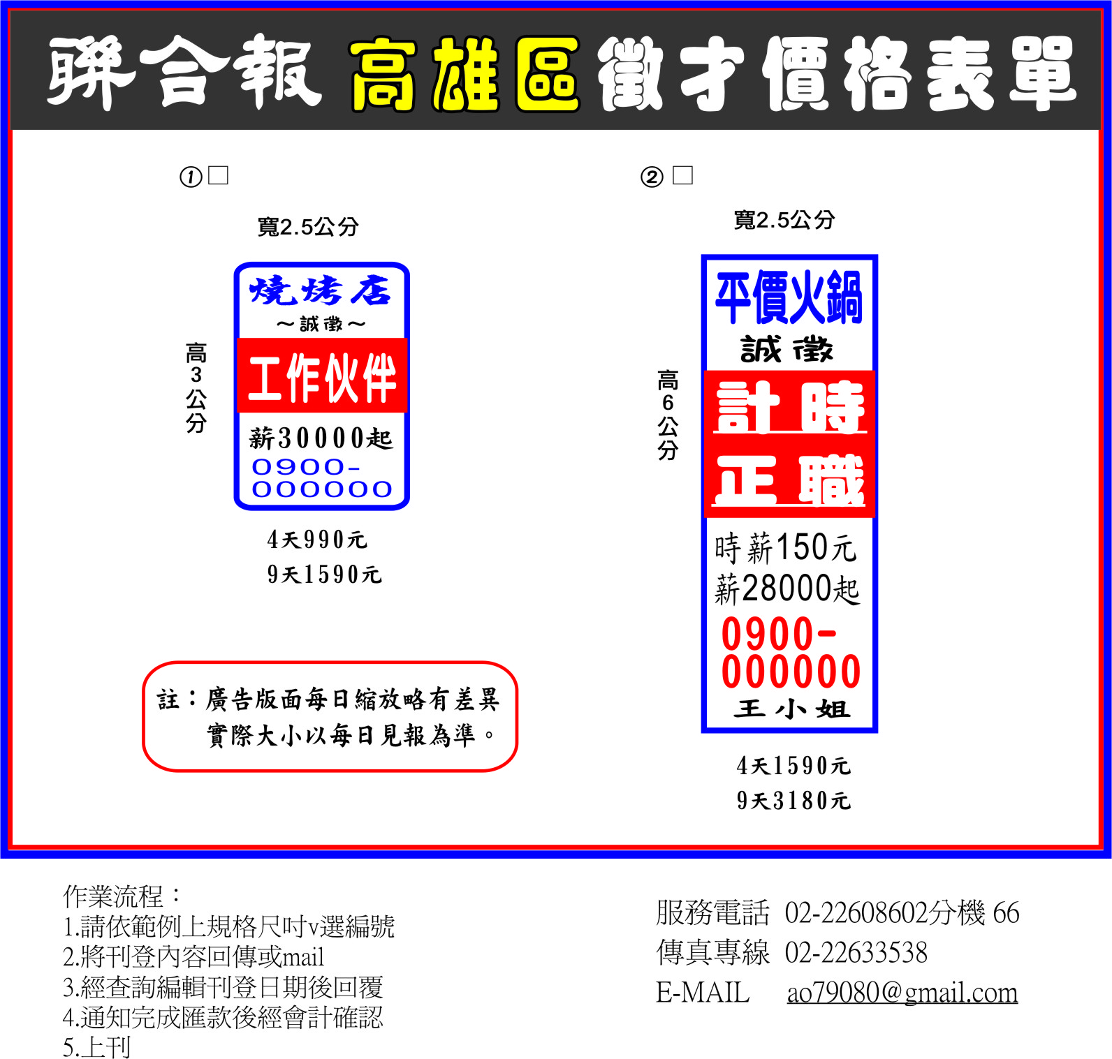 聯合報報紙求職欄版-高雄報紙廣告登報價格