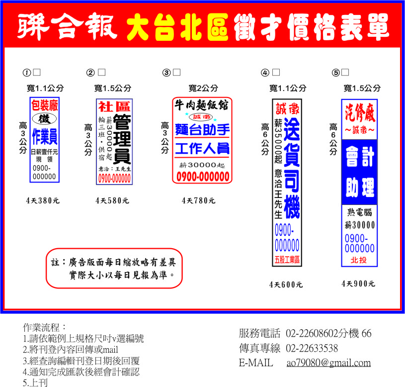 聯合報登報徵人-台北刊登報紙人事廣告費用