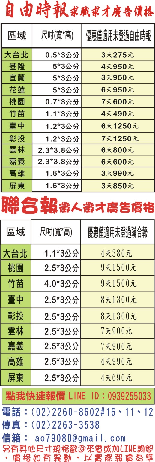自由時報聯合報廣告刊登費用